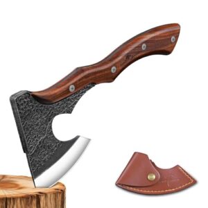 Purple Dragon Survival Axt mit Scheide, Handgeschmiedete Camping-Axt aus Kohlenstoffstahl mit birnenholzgefertigtem Griff, für Bushcraft, Wandern und Outdoor-Aktivitäten.