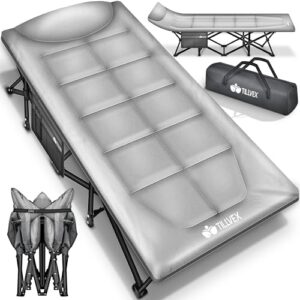 Das tillvex Campingbett, ein innovatives Produkt für Outdoor und Indoor. Klappbares Feldbett mit Tragetasche bis 200 kg. Ideal für lange Pausen oder eine erholsame Nacht unter den Sternen.