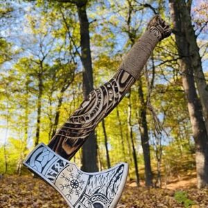 Wikinger-Axt mit Griff und Klinge aus 1095 Kohlenstoffstahl, komplett mit Scheide und ideal für Geschenke oder Bushcraft-Einsätze