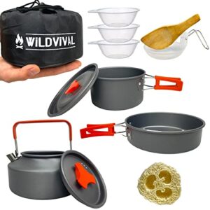 Camping-Geschirr Set mit Kochtopf, Bratpfanne und Wasserkessel - leichtes Aluminium für 1-3 Personen