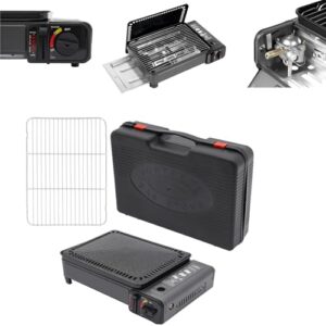 Campingkocher 2-in-1 Gasgrill mit Grillset und Alu-Koffer für Outdoor, Camping oder Balkon - Multifunktionales Kochgerät mit Piezo-Zündung und Sicherheitsventil