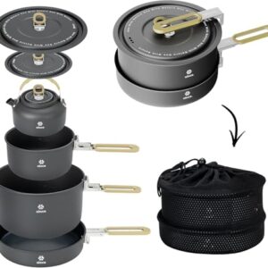 Camping-Kochgeschirr-Set mit Topf, Bratpfanne und Wasserkessel für Outdoor-Küche, Picknick, Wandern und Angeln