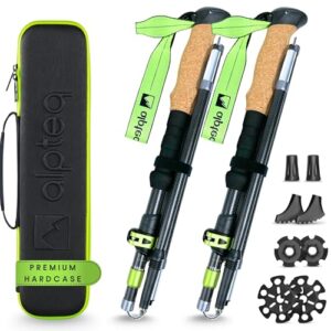 Alpteq Wanderstöcke faltbar Carbon mit Korkgriff, Trekkingstöcke für Bergsport und Nordic Walking, extra leichte Teleskopstöcke von 115-135 cm Länge in Lime Green Farbe.