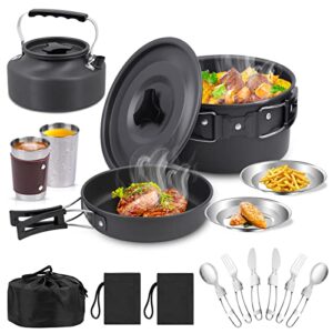 Camping Kochgeschirr Set, Outdoor Geschirr Set mit Faltbaren Kochtopf und Stieltopf, ideal für Camping, Picknick, Wandern, Reisen und Outdoor-Aktivitäten