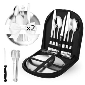 Campinggeschirr aus Edelstahl für 2 Personen, inkl. Besteckset mit Teller, Gabeln, Messer und Löffel, wiederverwendbar für Picknick, Reisen und Outdoor-Aktivitäten