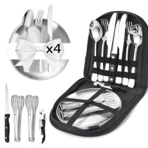 Camping Geschirr Set 21 Stück Edelstahl inklusive Bestecktasche, ideal für Camping Picknick Reisen Outdoor