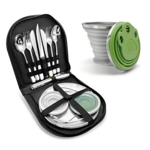 Camping Geschirr Set mit Edelstahl Besteck, Tragbares Besteck für Outdoor, Picknick, Grillen und Wandern