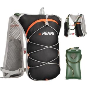 HENMI Laufweste Damen und Herren mit Trinkblase, Laufrucksack mit 2L Wasserflasche, Verstellbare Brustgurte Reflektierender, Leicht Trinkblase Rucksack für Jogging Radfahren Trailrunning Trinkweste