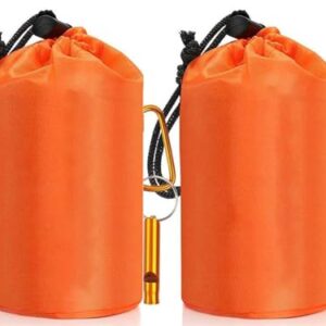 Zwei orangefarbene Biwaksäcke für Überlebenssituationen mit schwarzen Gurten und goldenen Schnallen, ideal für Outdoor-Aktivitäten wie Camping, Wandern oder Klettern