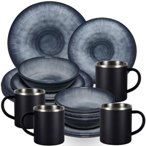 Melamin Geschirr Set Jesolo Grau für 4 Personen - 16 Teile - mit Edelstahltassen Schwarz Steingutoptik Spülmaschinengeeignet Campinggeschirr Wohnwagen Camping Festival