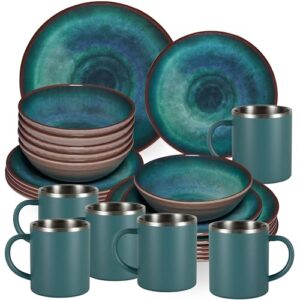Melamin Geschirr Set Jesolo Grün für 6 Personen - 24 Teile mit Edelstahltassen und Spülmaschinengeeignet Campinggeschirr