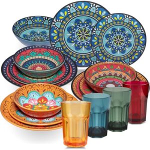 Buntes Melamin Geschirr Set mit 16 Teilen und farblich passenden Trinkgläsern aus Acryl für Camping oder Outdoor-Abenteuer. Stilvolle und praktische Geschenkidee.