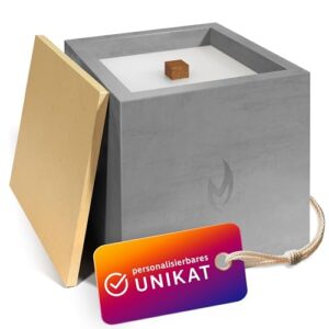 Beton Tischkerze mit Dauerdocht für Terrasse oder Balkon, windfestes Gartenlicht mit Bambusdeckel und Löschfunktion