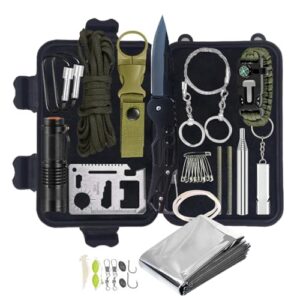 Notfall Survival Kit mit Rettungsdecke, Taschenlampe und Überlebensarmband für Männer, ideal für Camping, Abenteuer und Wandern im Freien.