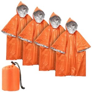 Vier orangefarbene Notfallschutzponchos für Notfälle, Camping und Wandern. Isolierung und Schutz vor Regen und Kälte.