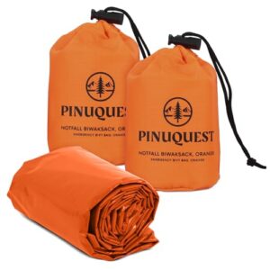 PINUQUEST Notfall Biwaksack 2er-Set grün/orange, Ultraleicht, wasserdicht und windabweisend, ideal für Outdoor-Aktivitäten und Survival-Situationen.