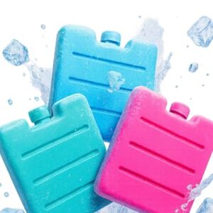 Drei kleine Kühlakkus in verschiedenen Farben (blau, pink und purpurn) für Kühltüte, Kühlbox oder Lunchbox - Platzsparende Kühlung für Snacks, Getränke oder Medikamente
