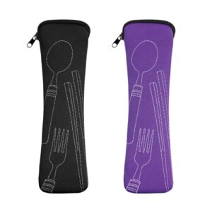 Zweistückige bestecktasche aus neopren für unterwegs, tragbar, reißverschluss, lederfarben schwarz und lila
