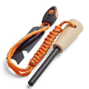 WallEgo Feuerstahl mit Holzgriff und Feuerstein, Outdoor Survival Werkzeug Set für Abenteuer, Camping und Wandern, mit Ewigem Streichholz, Magnesium Feueranzünder und Notfallpfeife