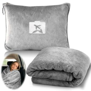 Weiche und warme Reisedecke für Flugzeug und Auto, 2 in 1 Produkt mit zwei Kissenfächern, grau, Komfort auf Reisen, praktisch und ästhetisch zugleich