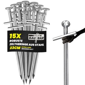 Ein Set aus 15 Zeltheringen mit 23 cm Länge für Outdoor-Aktivitäten wie Camping und Zeltaufbau. Die Heringe sind robust und leicht zu verwenden, ideal für felsigen oder harten Boden.
