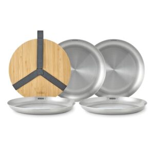 Black+Blum Picknickteller 4er Set - Edelstahl mit Bambusdeckel und Tragegurt für Picknicks, Grillfeste oder Camping