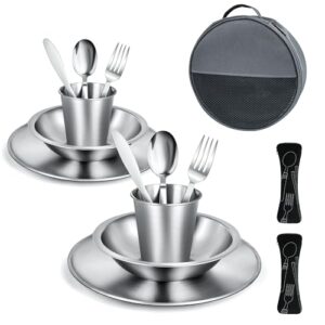 Campingbesteck Set für 2 Personen, inklusive Edelstahl Besteckset, Teller, Schale und Gläser. Tragbares Geschirrset für Outdoor, Picknick, Grillen.