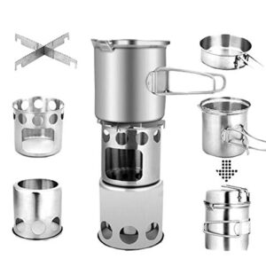 Camping-Kochset mit Edelstahl-Holzofen, Bratpfanne und Topf zum Kochen in der Natur, portable und stapelbar für Outdoor-Aktivitäten wie Wandern oder Picknicken.