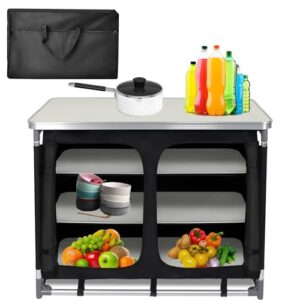 Faltbare Campingküche aus Aluminiumgestell, Waschbare Oxford-Stoff & MDF Platten Mobile Zeltschrank Küchenbox mit Tragtasche für Reise Strand Camping (6 Ablageflächen)