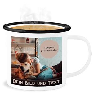 Emaille Becher Blechbecher, selbst druckbar mit eigenem Foto oder Bild, Geschenkidee für jeden, 300 ml, Weiß/Schwarz