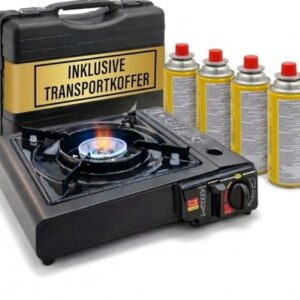 Fabona Gaskocher mit 4 Kartuschen - leistungsstarker und zuverlässiger Campingkocher mit Piezozündung für Camping, Outdoor und Stromausfall
