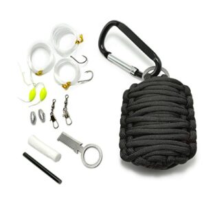 Ganzoo Paracord 550 Survival Kit 12-teilig schwarz, 3,4 m Seil, 51 g, kompakt geflochten für unterwegs, mit Karabiner, Feuerstahl, Zunder, Mini-Messer, Mini-Säge, Alufolie sowie Angelschnur und Haken