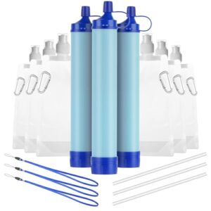 HOTUT Personal Wasserfilter Outdoor, 3 Stück Trinkwasserfilter mit Wasserbeutel und Karabiner für Notfall, Survival und Outdoor-Aktivitäten
