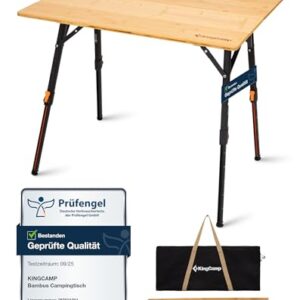 KingCamp Campingtisch Bambus 80 x 60 cm Klapptisch höhenverstellbar für 2-4 Personen mit UV-beständiger Bambuskonstruktion und belastbar bis 80kg