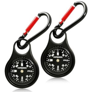 Zwei multifunktionale Kompassen mit Karabinerhaken, ideal für Outdoor-Aktivitäten wie Wandern und Camping