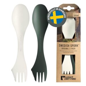 3-in-1 Campingbesteck mit Löffel, Gabel und Messer aus BPA-freiem, bio-basierter Kunststoff - 2er-Pack in SageGreen-Cream Farbe