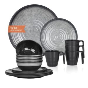 Melamin Camping Geschirr Set für 4 Personen, Stone Grey Farbe, robust und leicht zum Camping oder Picknick