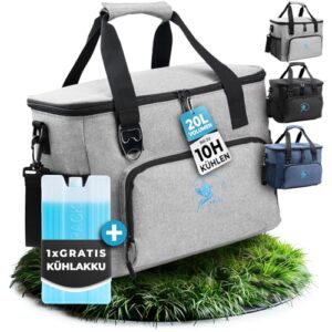 Obics Kühltasche 20L faltbar, Einkaufstasche und Lunch-Tasche klein grau ohne Strom mit Kühl-Akku, Gefriertasche und Kühlbox Picknick-Tasche isoliert für Essenstasche Auto, Arbeit, Einkaufen, Baustelle