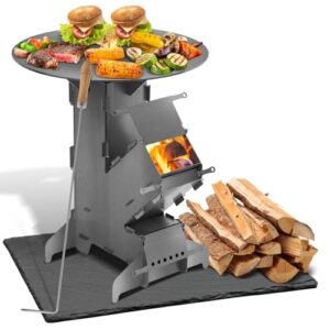 Raketenofen mit Grillplatte und Feuerhaken für Outdoor-Camping - Peviasot Raketenofen mit 2 zusätzlichen Standfüßen aus starkem Stahl