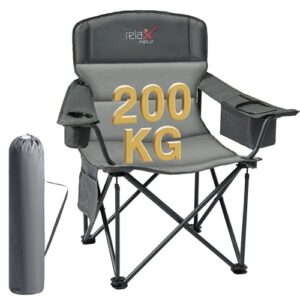 Campingstuhl mit hoher Belastbarkeit bis 200KG, Faltbarer Stuhl für Outdoor-Aktivitäten wie Camping und Angeln, Getränkehalter und Kühltasche