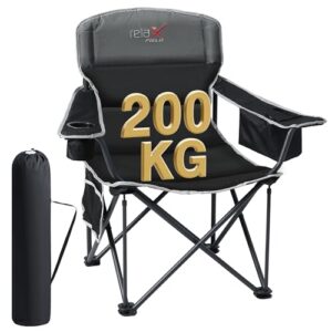 Campingstuhl Faltbar 200KG mit Getränkehalter und Kühltasche, Camping-Ausstattung für Erwachsene, Outdoor-Sitzmöbel mit hoher Rückenlehne, schwarz