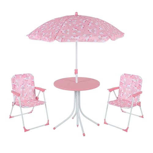Relaxdays Camping Kindersitzgruppe mit rosa Einhorn-Motiv und Sonnenschirm, ideal für Gartenpartys oder Camping-Ausflüge