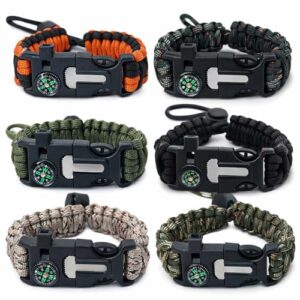 Überlebensarmbänder 6er Set mit Outdoor-Gadgets wie Feuerstein, Schaber und Pfeife für Hiking, Camping & Jagd