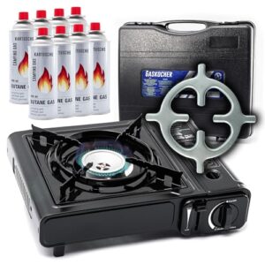TruWare Camping Gaskocher Set – Tragbarer Campingkocher mit 8 MSF-1A 227g Gaskartuschen, Kocherkreuz für Outdoor-Küche, Balkon, Picknick & Notfall