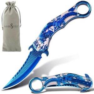 Vivid Still cool Blau Drache Klappmesser für Männer, titan plattierte 3D Prägung, Geschenk für Outdoor-Überleben und Camping
