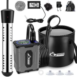 Tragbare Dusche mit Pumpe und Tauchsieder, wiederaufladbare Campingduschpumpe mit Heizfunktion und 20l Wasserbehälter für Reisen, Wandern und Garten
