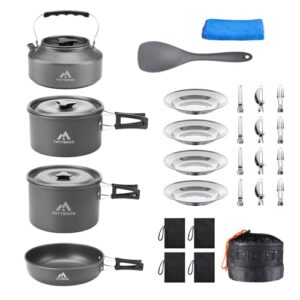 Praktisches Outdoor-Kochgeschirr mit Kessel, Töpfen & Pfannen, Edelstahlbesteck, Tellern und Zubehör für Wanderungen, Camping, Picknick