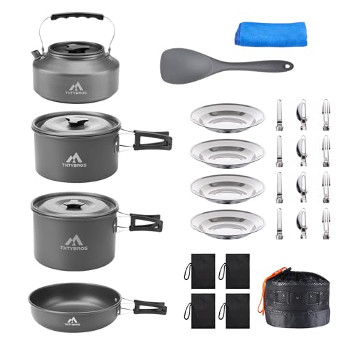 Praktisches Outdoor-Kochgeschirr mit Kessel, Töpfen & Pfannen, Edelstahlbesteck, Tellern und Zubehör für Wanderungen, Camping, Picknick