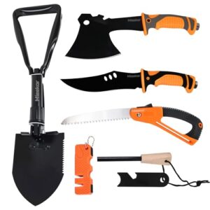 6 in 1 Outdoor Axt Survival Set mit Messer, Klappsäge, Klappspaten und Feuerstahl - ideales Geschenk für Männer zum Camping oder Wandern im Freien
