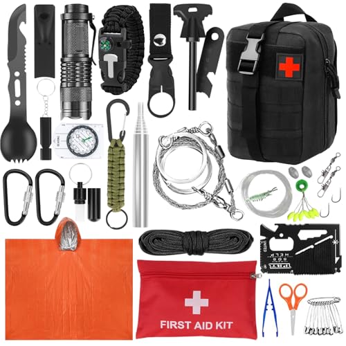 69-teiliges Außen Notfall Survival Kit mit Taschenlampe, Kompass, Feuerstahl, Paracord und multifunktionalen Werkzeugen sowie Regenponcho für Outdoor-Aktivitäten wie Camping, Wandern und Abenteuer